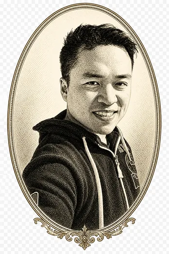 Engraved portrait of Shawn Wang